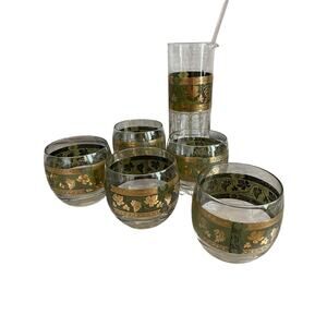 Vintage 1950 Cera Glass Golden Grapes Hollywood Regency Green Gold Barware, 7 Pc